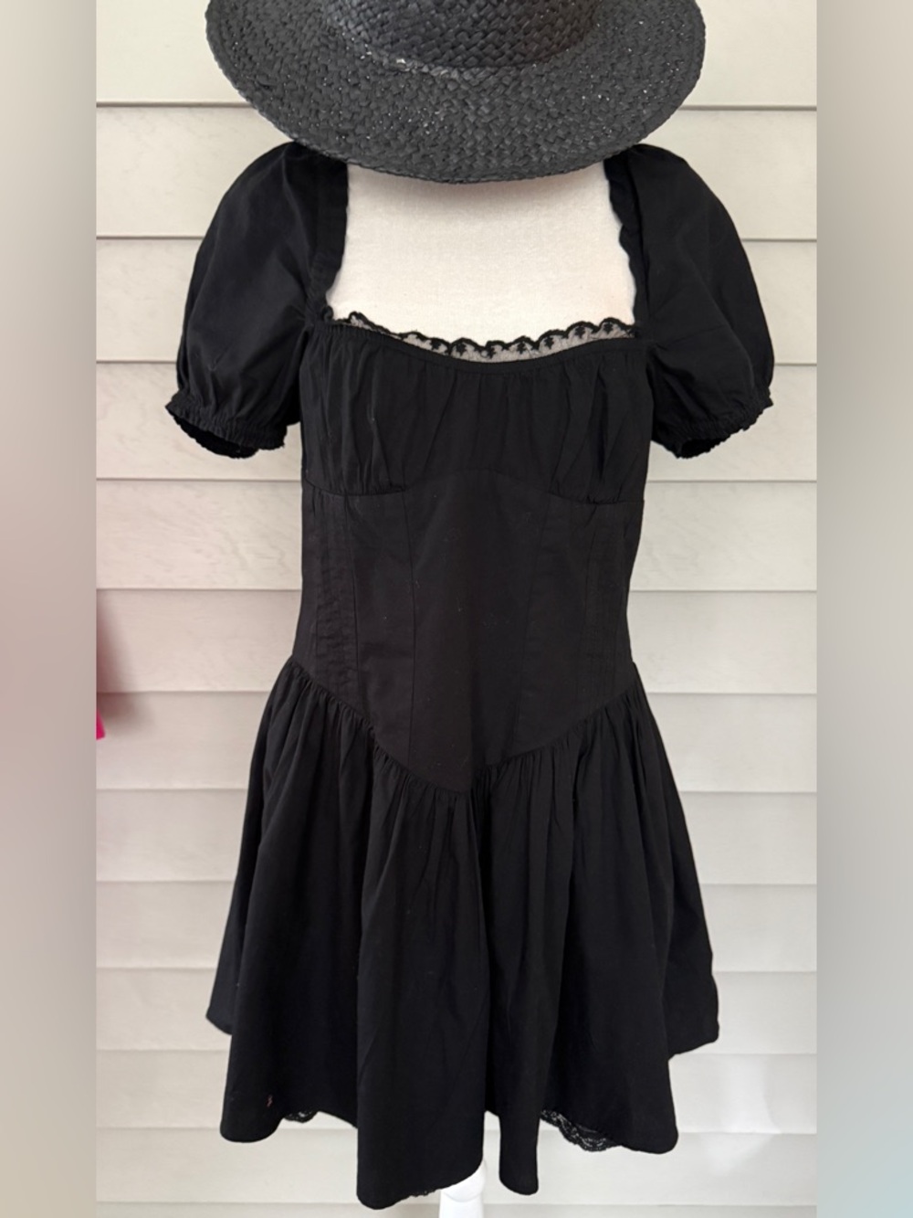 Zara Black Puff Sleeve Lace Trim Fit-and-Flare Dress size L